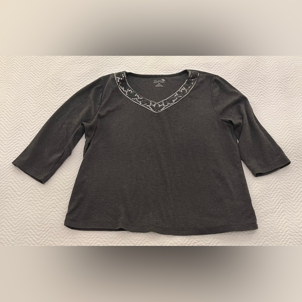 Charcoal gray cotton blend top with beaded neckline by Tradition Country Collect